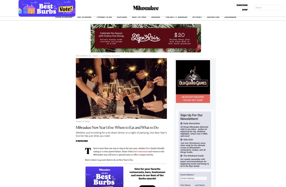 Milwaukee Magazine NYE Dining Guide